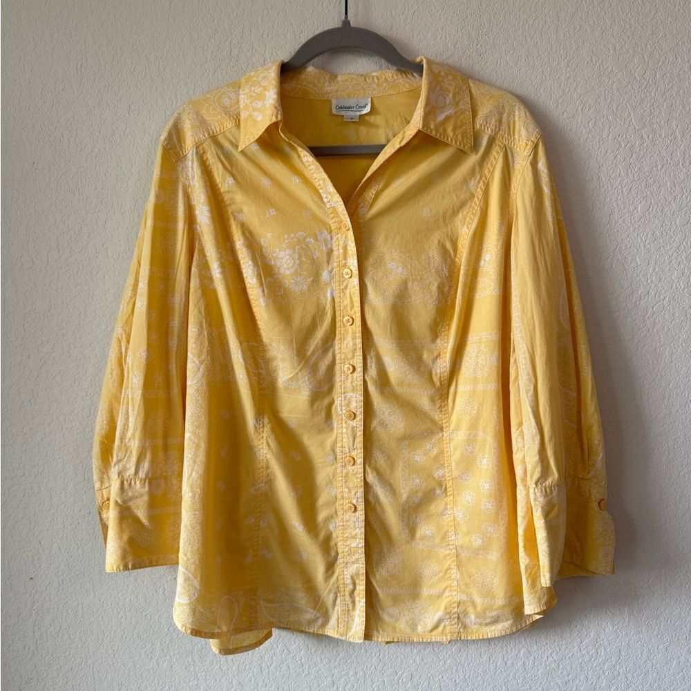Coldwater Creek Button-Up Floral Shirt Blouse Butter Yellow Women’s Sz 1X Office